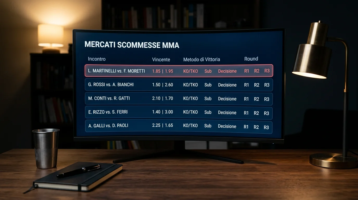 Tabellone delle quote MMA con mercati moneyline e metodo di vittoria visualizzati su monitor